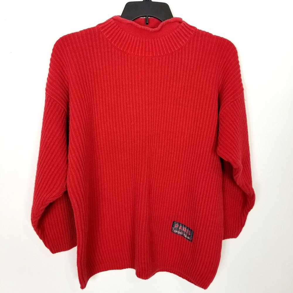 VTG Paris Sport Club Women Mock Neck Pullover  Sz XL /2XL Red Logo‎ Ribbed Heavy